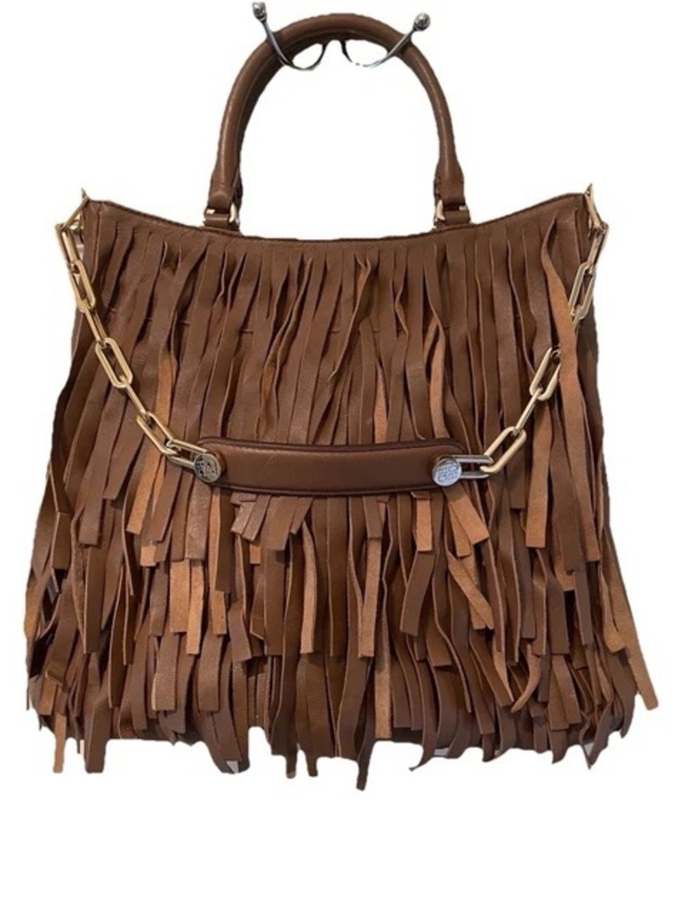 Carolina Herrera Brown Fringed Shoulder Bag with Gold Chain
